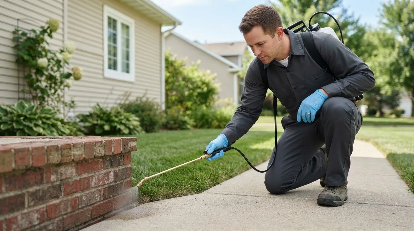 Pest control technician treating a home near Le Roy, WV