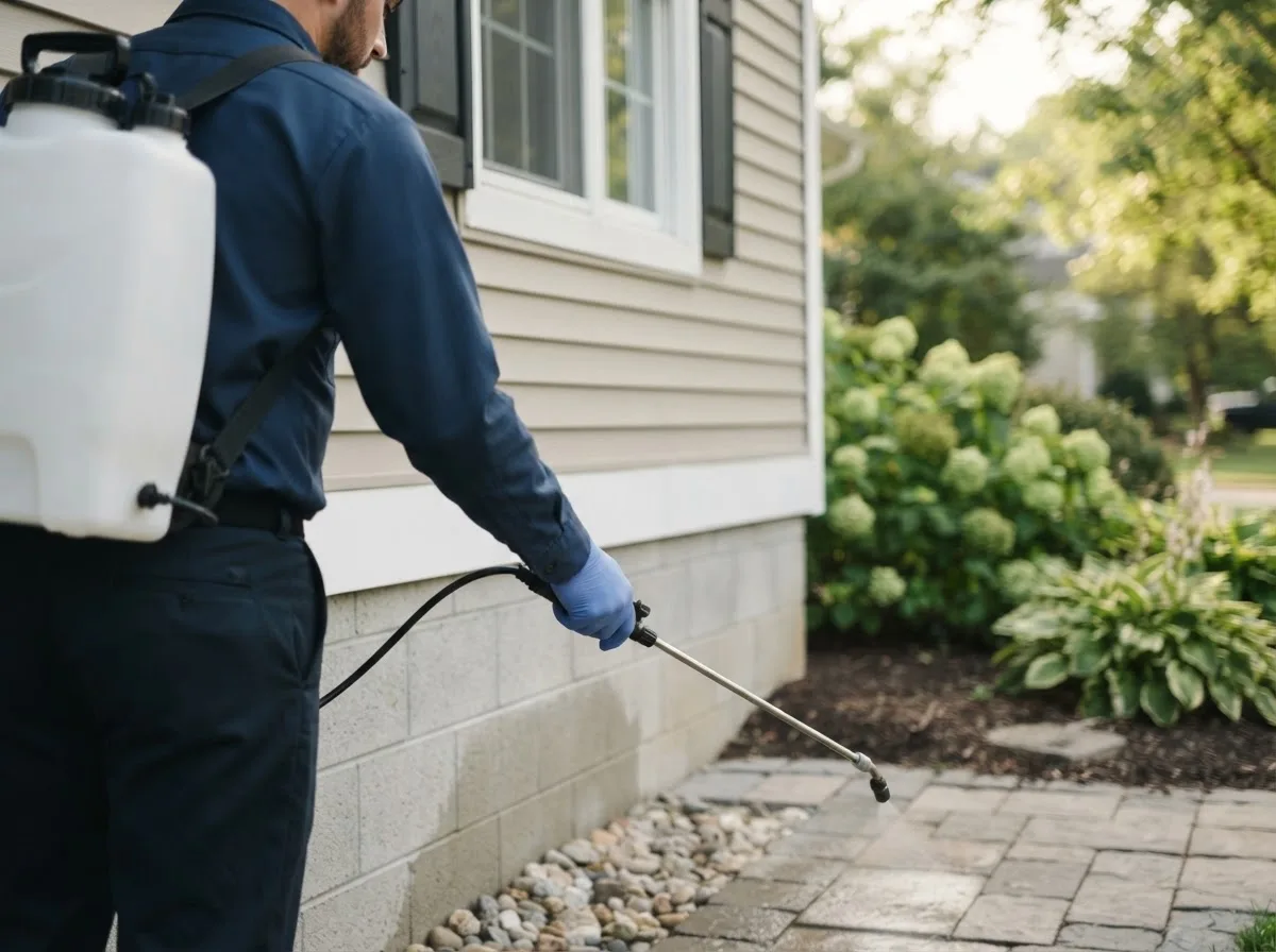 Pest control technician inspecting a home in Le Roy, WV